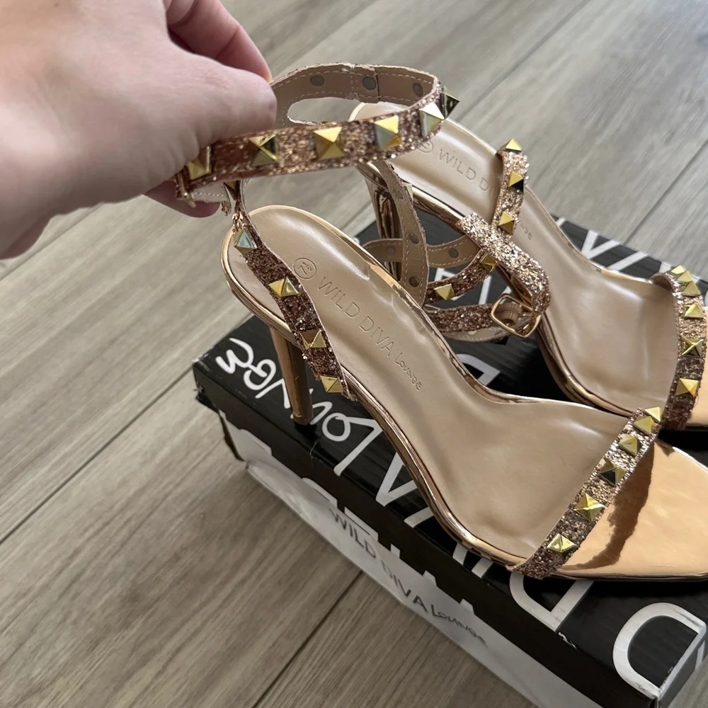 Wild Diva Lounge Rose Gold Strappy Studded High Heels 7.5 New